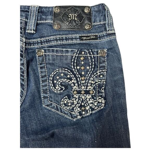 Miss Me Jeans Womens 27 Blue Rhinestone Fleur de lis Embellished Pockets Low - Picture 2 of 12
